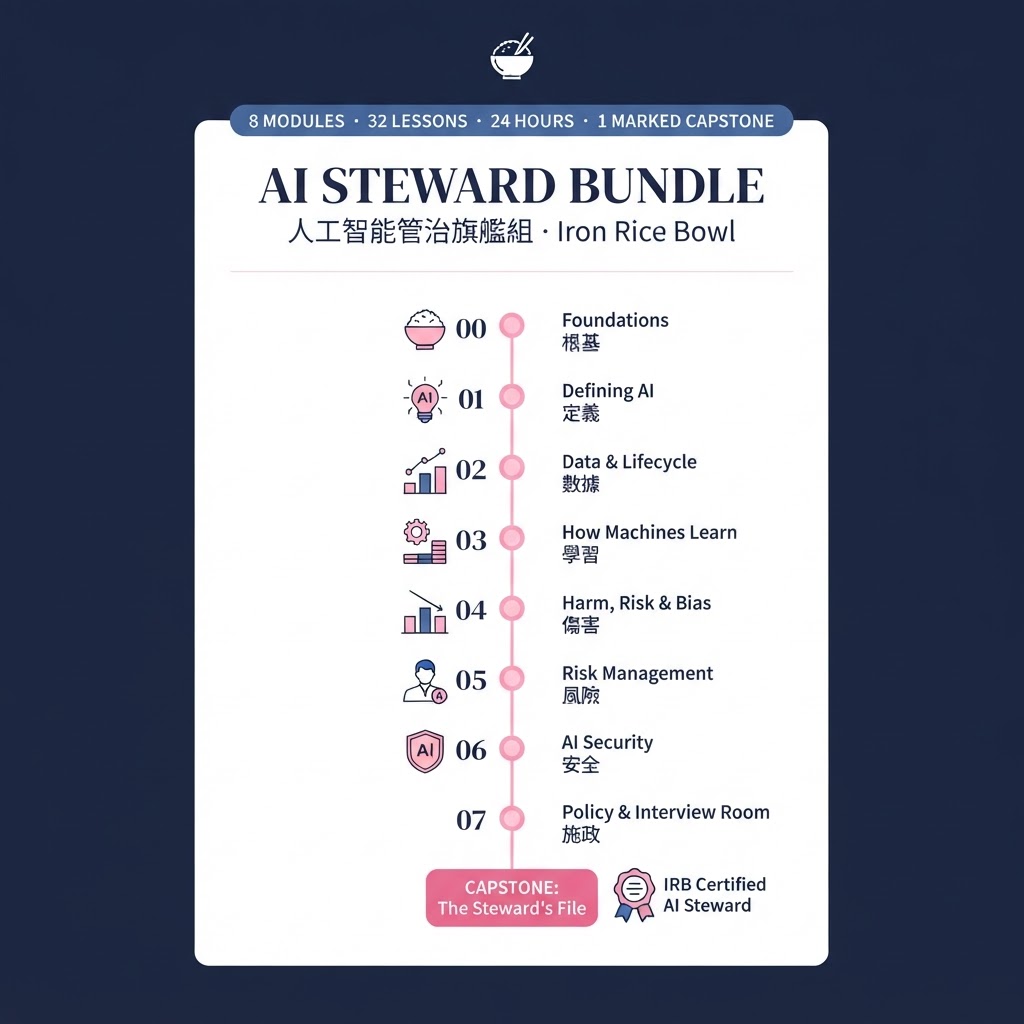 AI Steward Bundle curriculum map — eight modules from Foundations to Policy, Public Sector and the Interview Room, ending in the Steward's File capstone