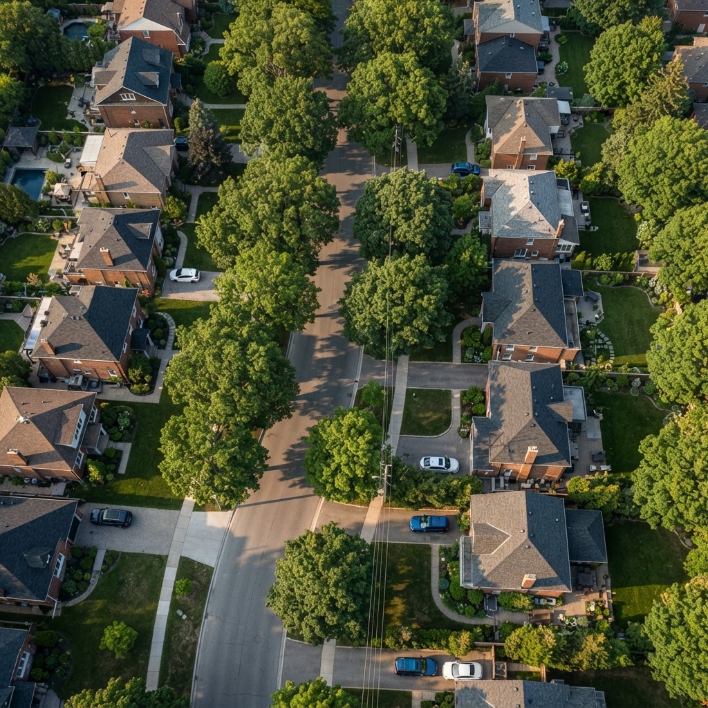 Oblique aerial view over rooftops and mature trees