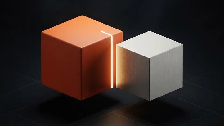 Orange and silver geometric cubes side by side
