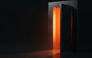 An ember-lit open doorway against a dark architectural grid