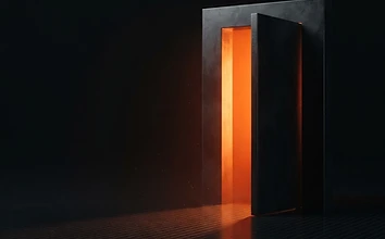 An ember-lit open doorway against a dark architectural grid