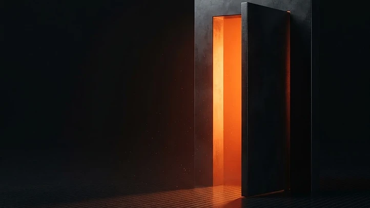An ember-lit open doorway against a dark architectural grid