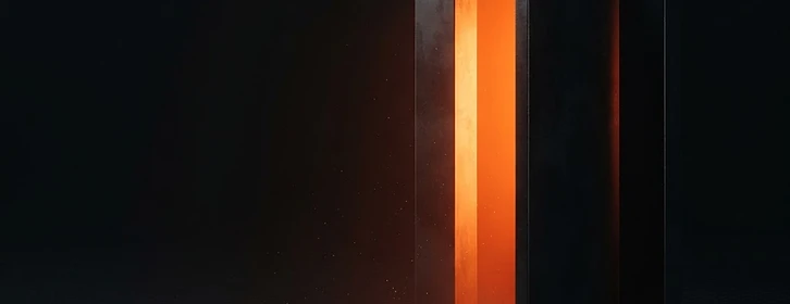 An ember-lit open doorway against a dark architectural grid