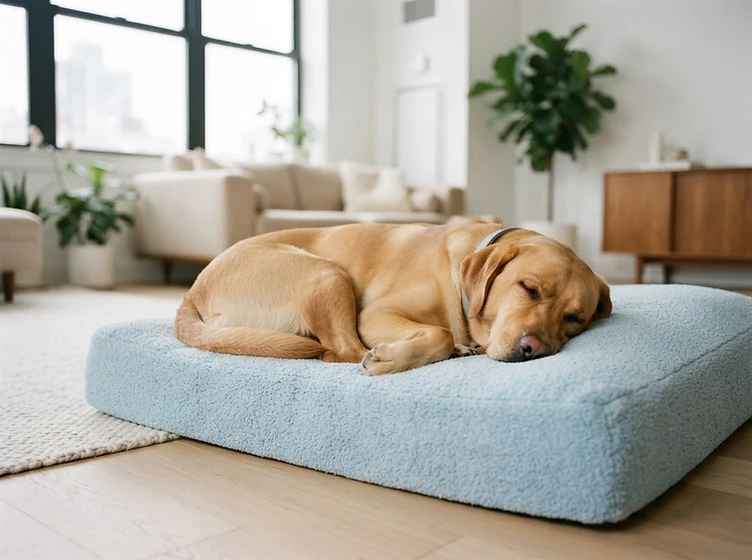 Dog sleeping peacefully on a baby blue memory foam bed