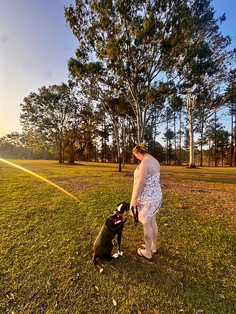 Owner practising with her black and white dog in a park at sunset
