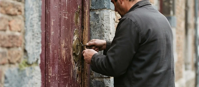 Slotenmaker draait een sleutel om in het slot van een oude deur in een bakstenen gevel in Oudenaarde