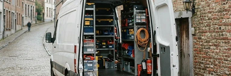 Servicewagen van de slotenmaker in een kasseistraat in de Vlaamse Ardennen