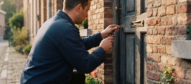 Slotenmaker plaatst een cilinderslot in de voordeur van een woning in Deinze, in warm namiddaglicht