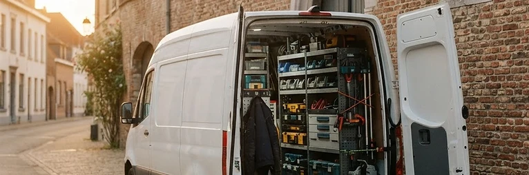 Servicewagen van de slotenmaker in een dorpsstraat in de Leiestreek