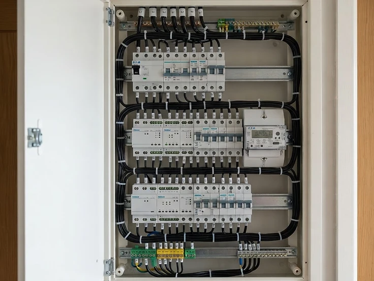 Modern residential switchboard with neat DIN-rail smart equipment