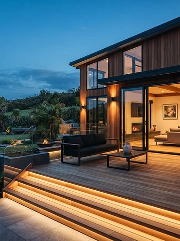 Architectural outdoor deck at twilight