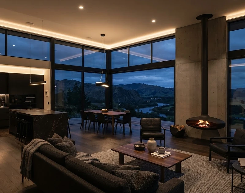 Contemporary New Zealand home interior at dusk