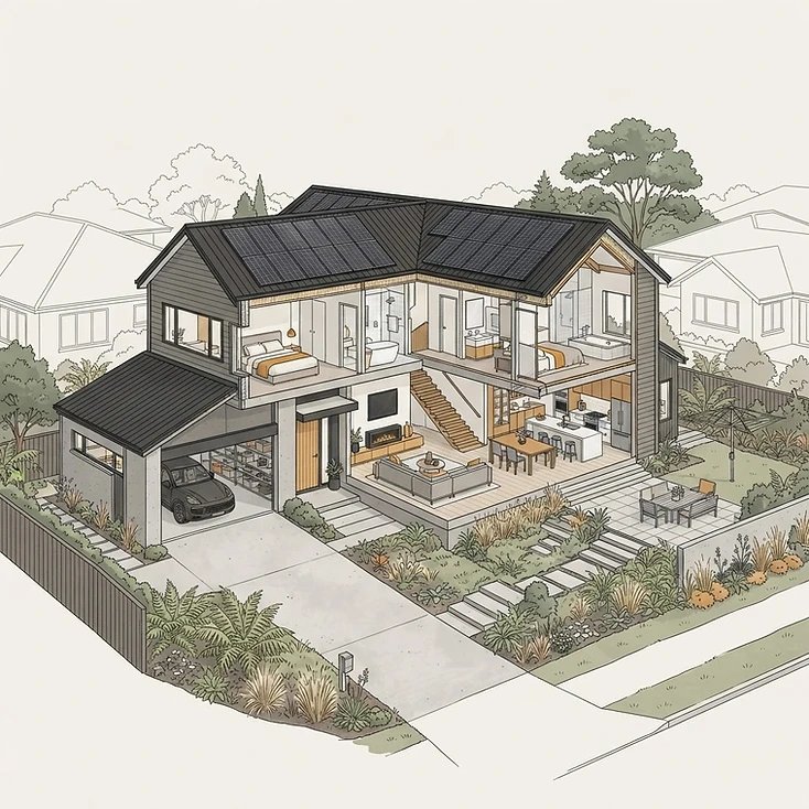 Architectural cutaway of a New Zealand home showing where smart control can be used
