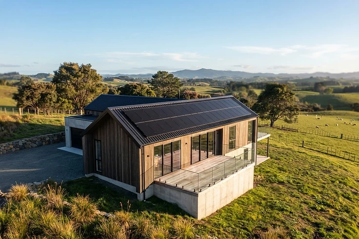 Solar panels on a contemporary New Zealand architectural home