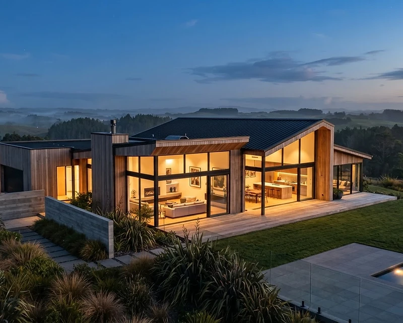Contemporary New Zealand architectural home at dusk with warm interior lighting