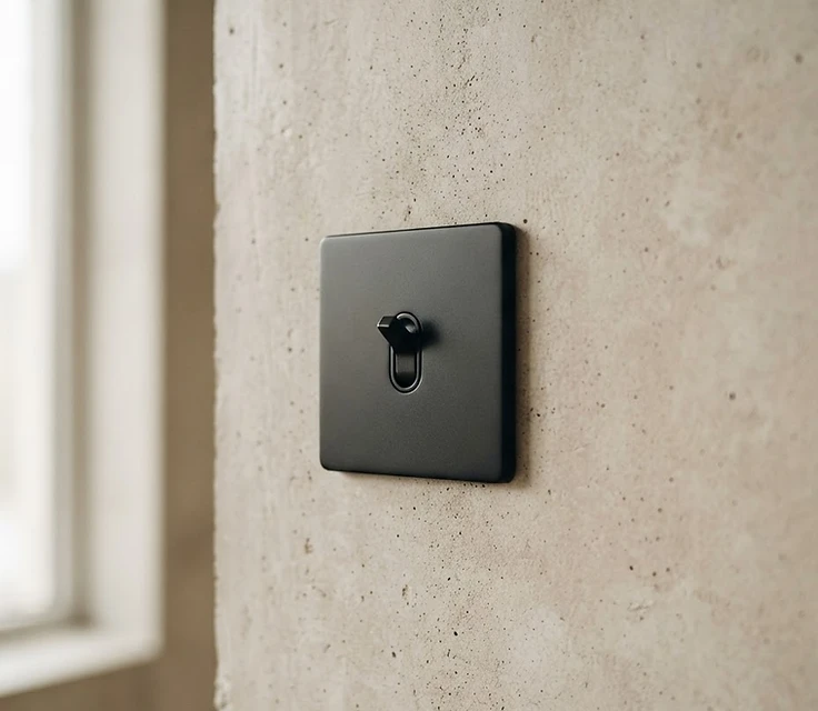 Matte black architectural light switch on a concrete wall