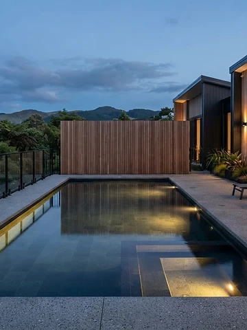 Modern pool area at a New Zealand architectural home