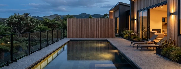 New Zealand backyard swimming pool at dusk