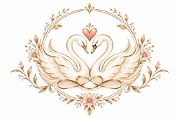 Wedding Day crest — two swans beneath a heart, framed in gold botanicals