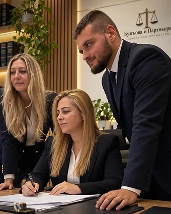 The lawyers of Buzgyova & Partners working together around a desk in the law office
