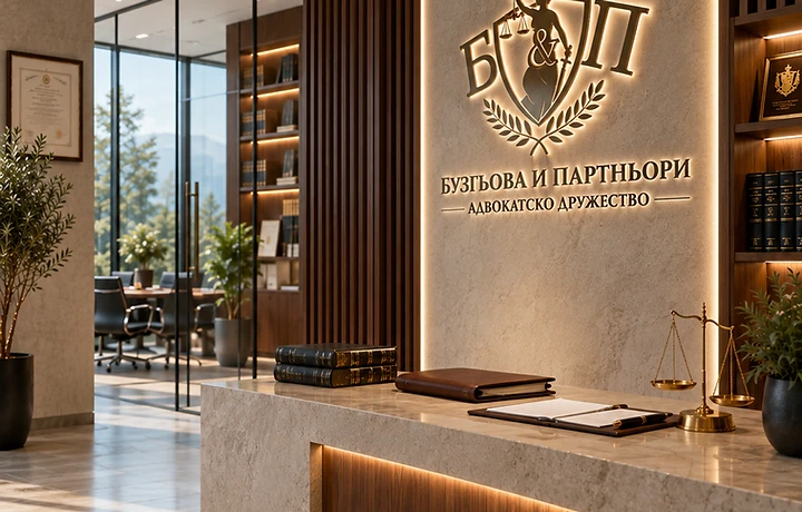 Reception of the Buzgyova & Partners law office with the firm logo wall
