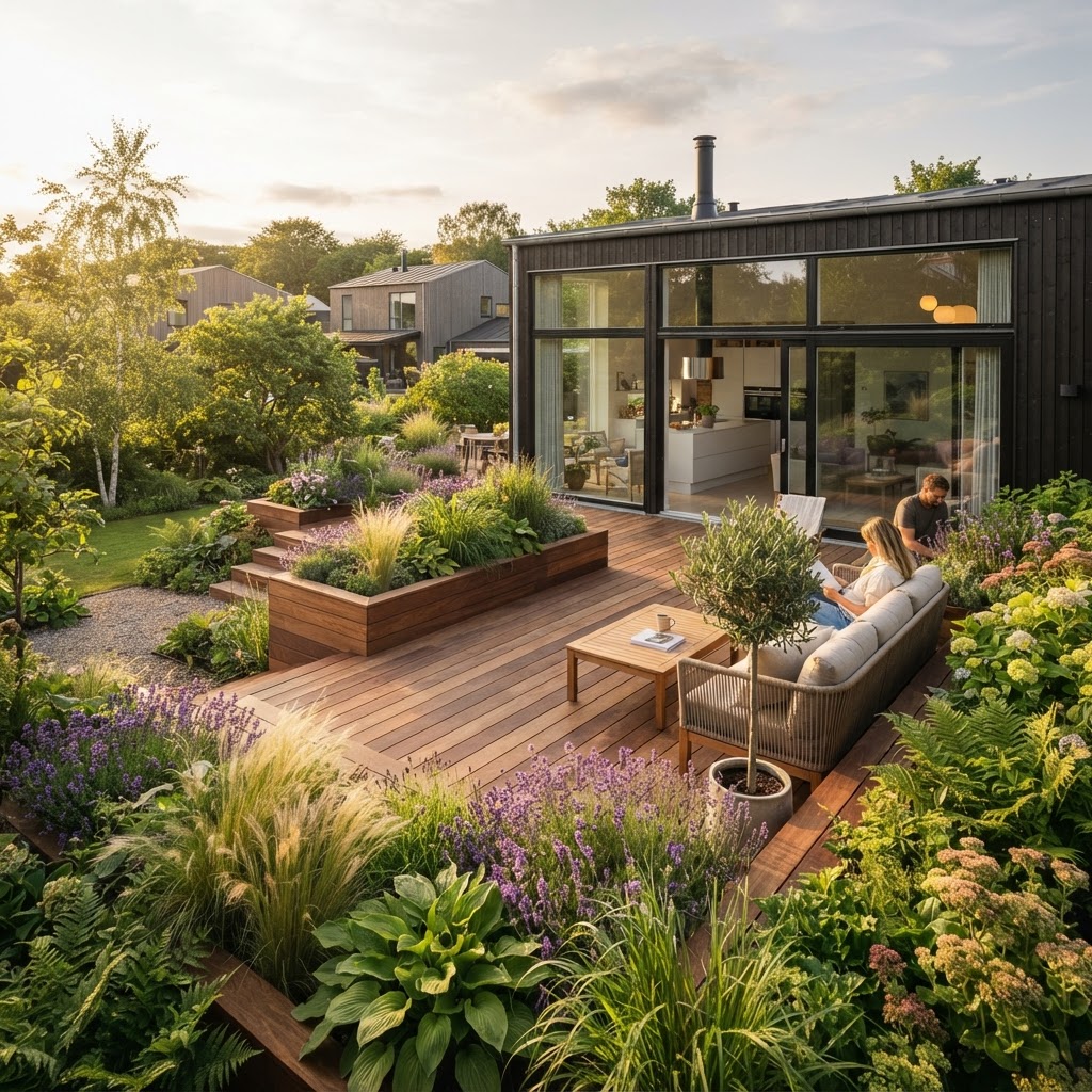 Træterrasse med indbyggede plantekasser og beplantning