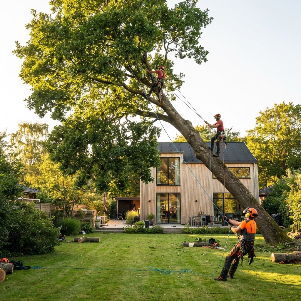 Stort træ fældes kontrolleret i skandinavisk have