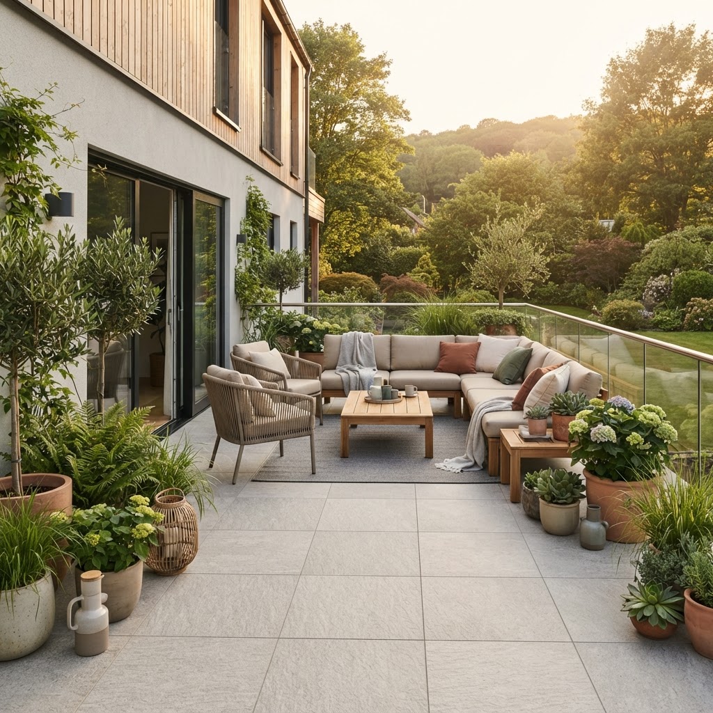 Terrasse belagt med store lysegrå porcelænsfliser ved skandinavisk hjem