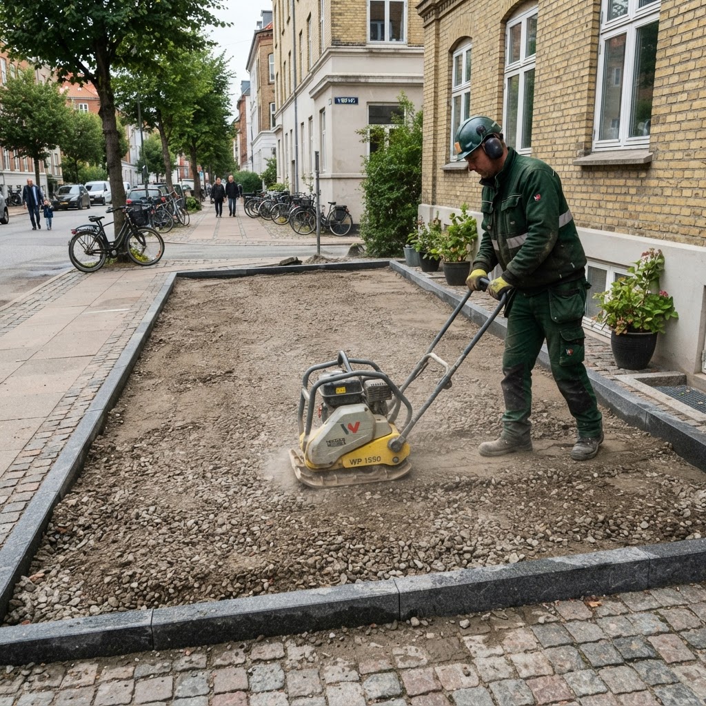 Underlag til indkørsel kompaktes med pladevibrator