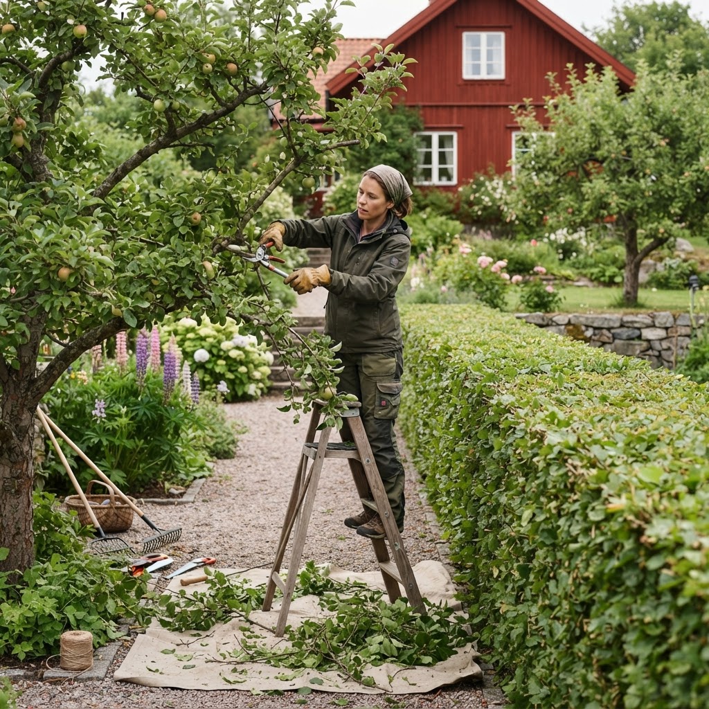 Professionel beskæring af hæk og frugttræ i skandinavisk have