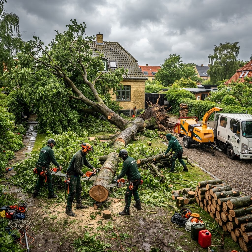 Stormfældet træ ryddes fra have