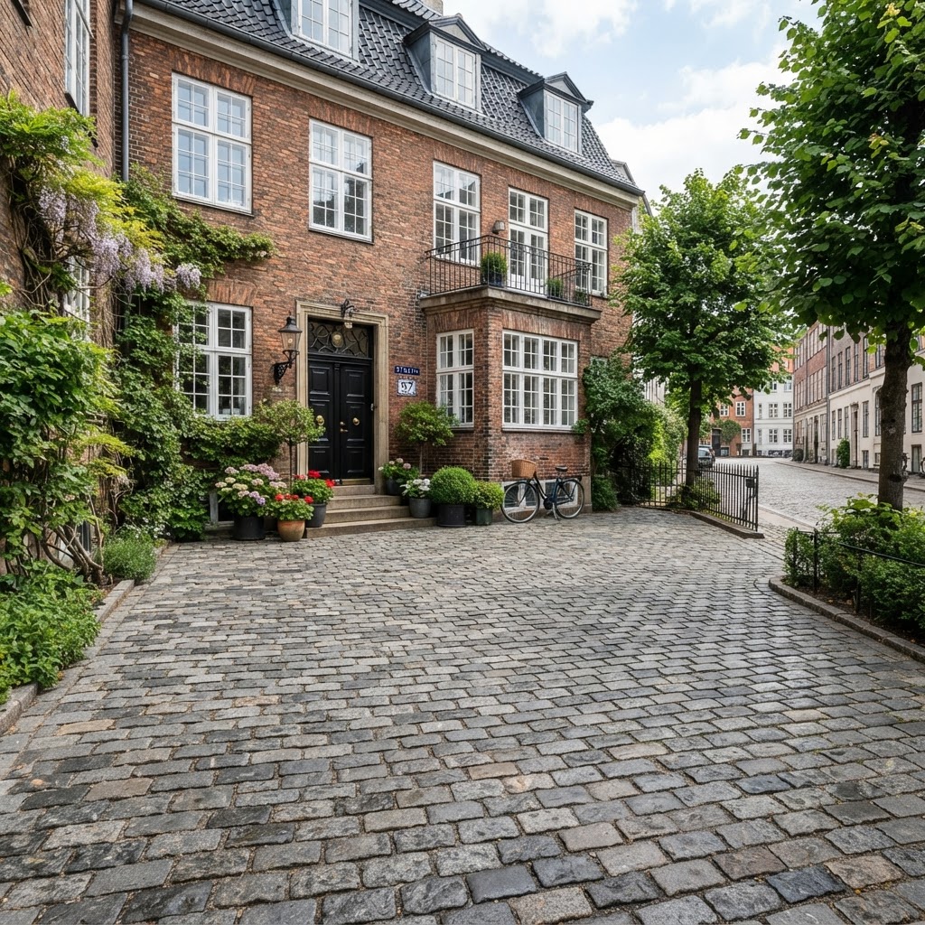 Brostensindkørsel af natursten foran københavnsk byhus