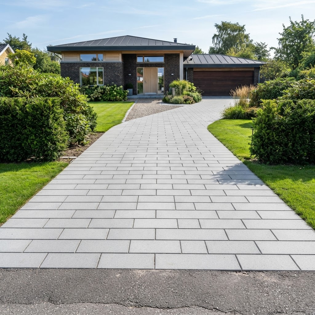 Nyindlagt indkørsel med betonfliser foran dansk villa