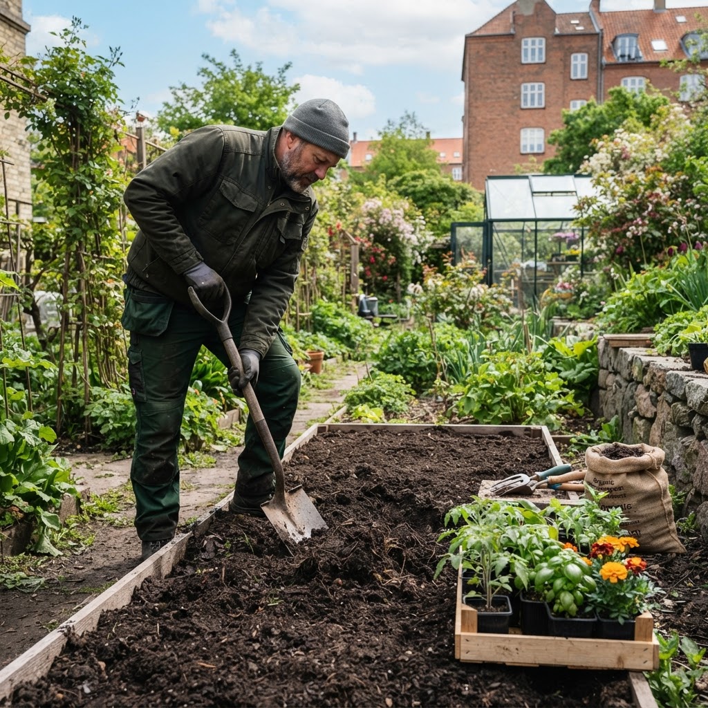 Jordforbedring og plantning i havebed med spade