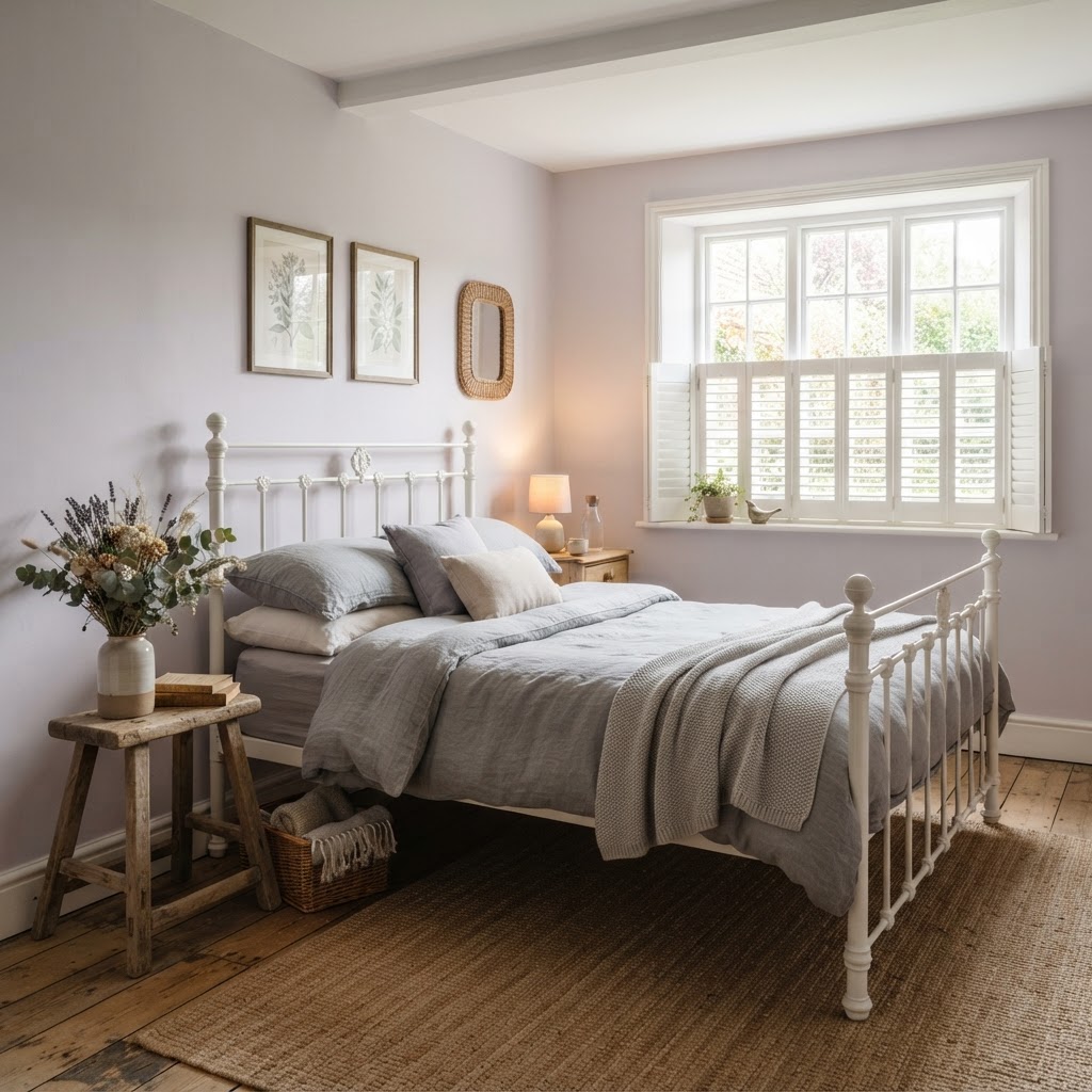 Cottage bedroom finished in café-style panels — plantation shutters fitted in Cirencester