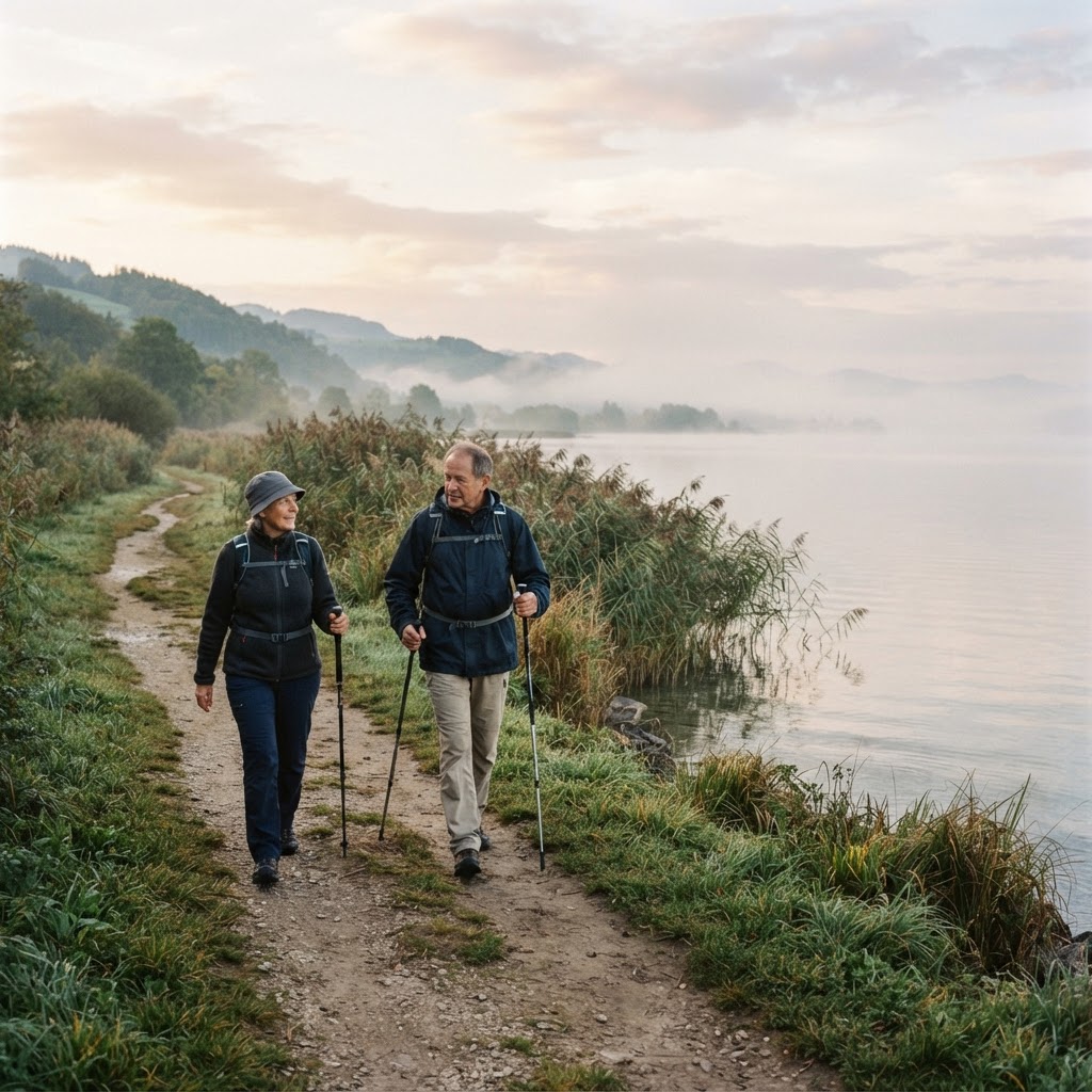 Ein Paar um die 60 wandert mit Stöcken auf einem Uferweg am Bodensee, Morgennebel über dem Wasser (Symbolbild)