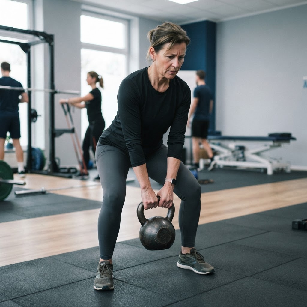 Eine Frau um die 50 hebt beim selbstständigen Training eine Kettlebell vom Boden (Symbolbild)