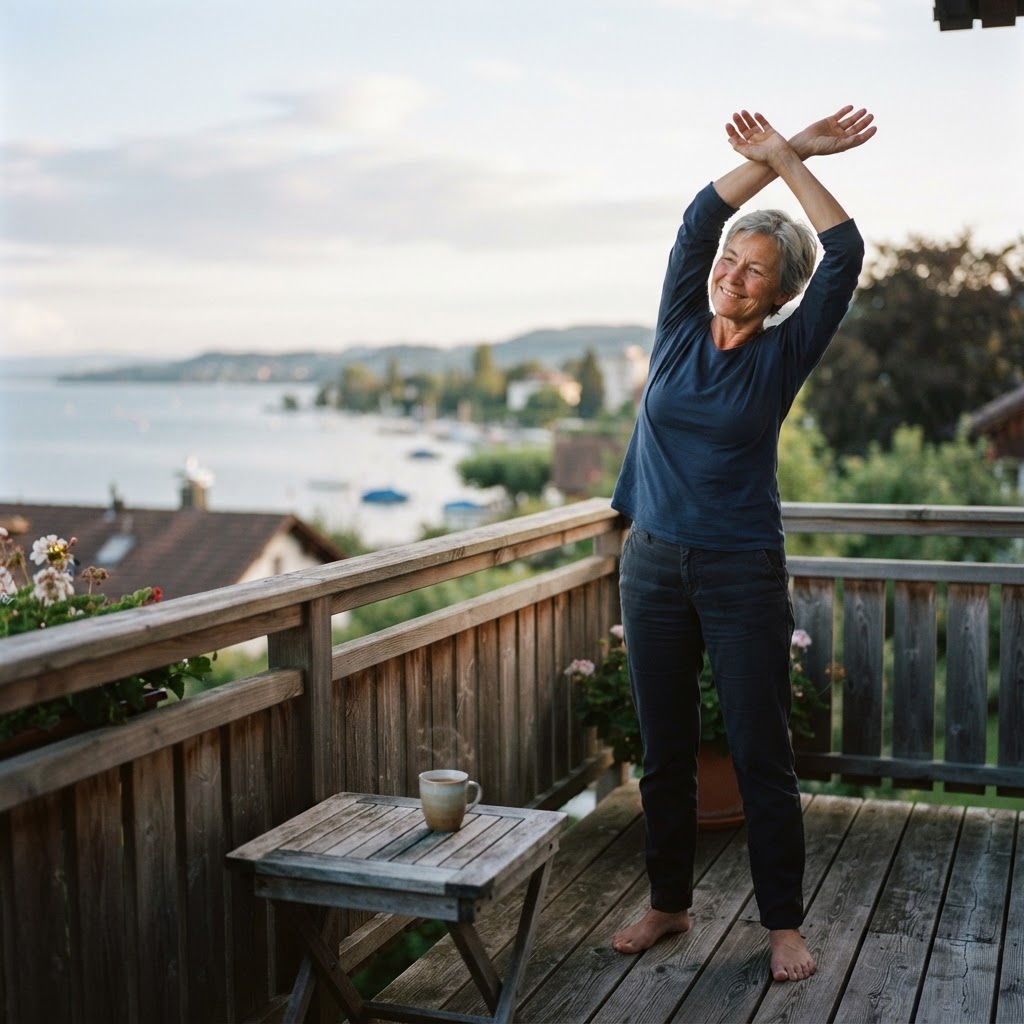 Eine Frau um die 60 dehnt sich am Morgen auf dem Balkon, im Hintergrund der See (Symbolbild)