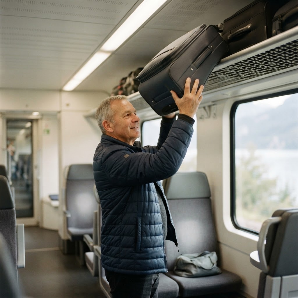 Ein Mann um die 60 hebt im Zug seinen Koffer mit beiden Armen in die Gepäckablage (Symbolbild)