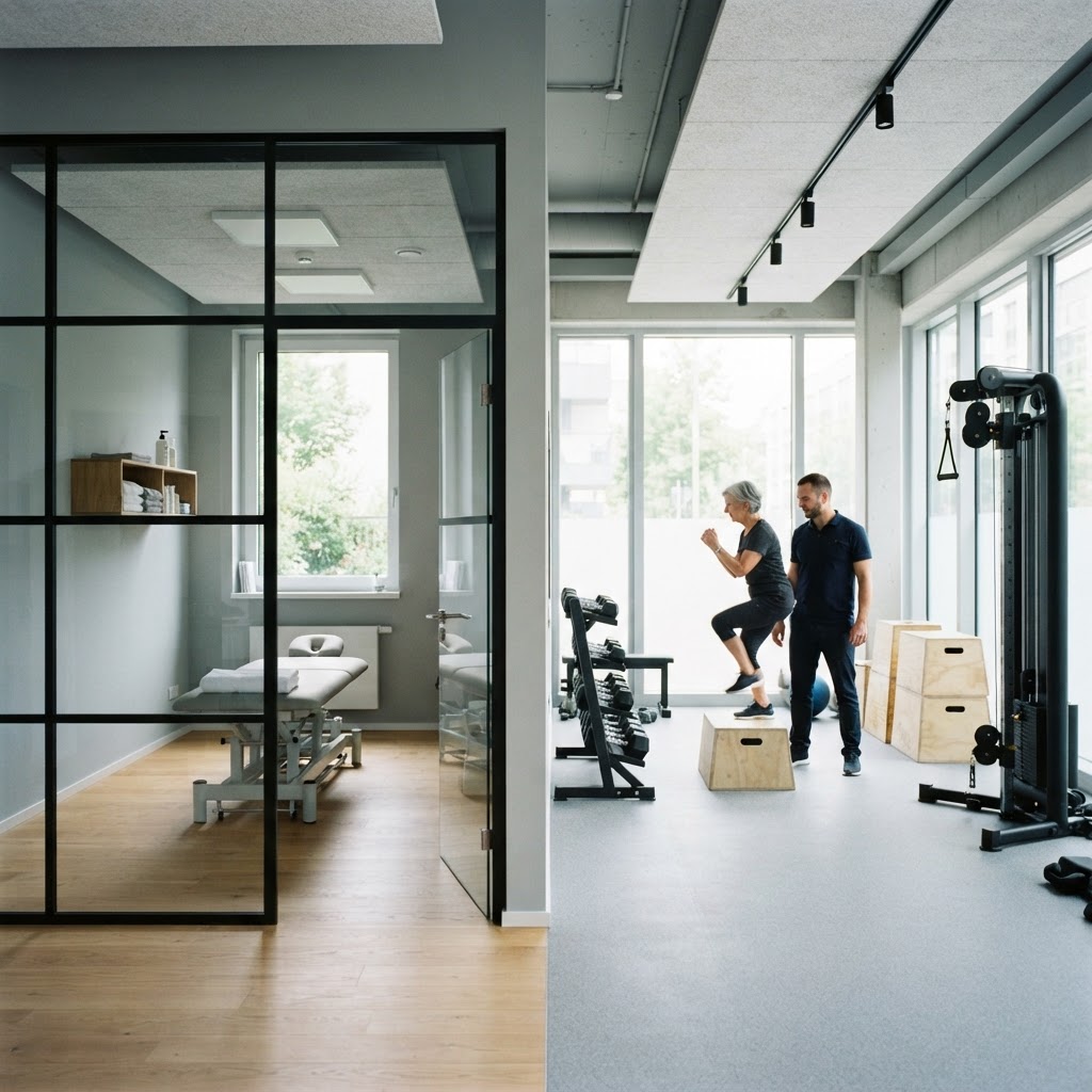 Blick durch die Praxis: links der Behandlungsraum hinter einer Glaswand, rechts die Trainingsfläche mit Geräten (Symbolbild)