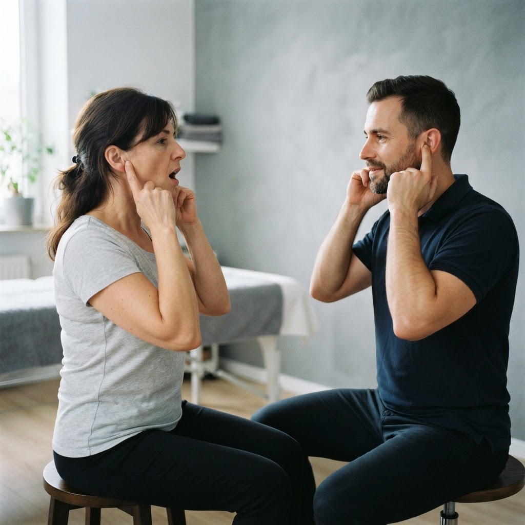 Eine Frau übt, den Mund gerade zu öffnen, die Finger an den Kiefergelenken, der Physiotherapeut macht die Übung vor (Symbolbild)