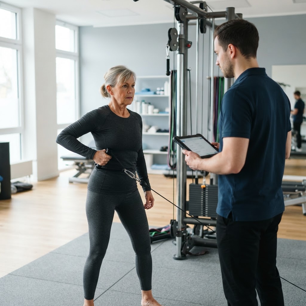 Eine Frau um die 60 trainiert am Kabelzug, der Physiotherapeut hält ihren Plan auf dem Tablet fest (Symbolbild)