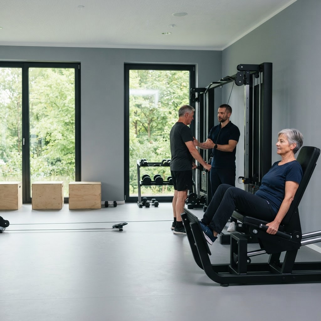 Helle Trainingsfläche am Morgen: eine Frau um die 60 an der Beinpresse, dahinter zeigt der Physiotherapeut einem Mann eine Übung am Kabelzug (Symbolbild)