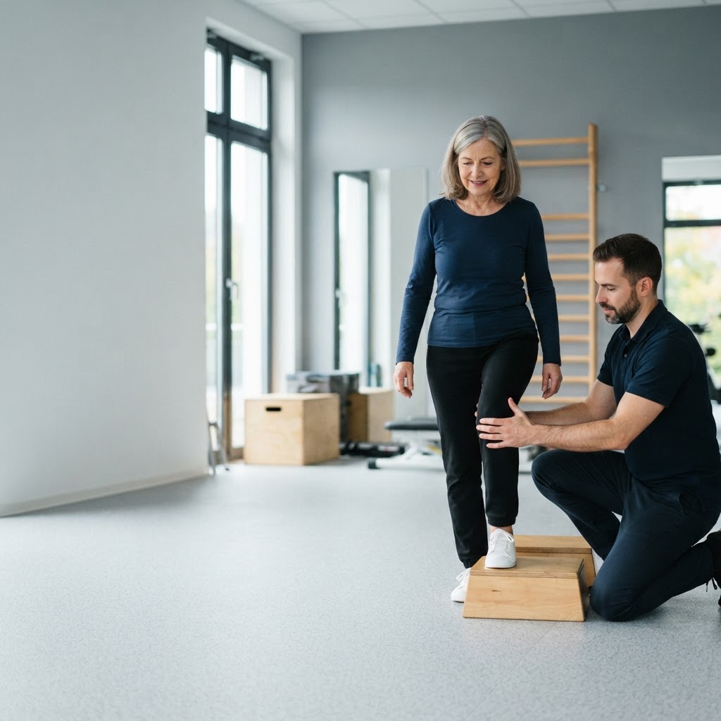 Eine Frau um die 60 steigt auf eine niedrige Holzstufe, der Physiotherapeut kniet daneben und führt ihr Knie (Symbolbild)