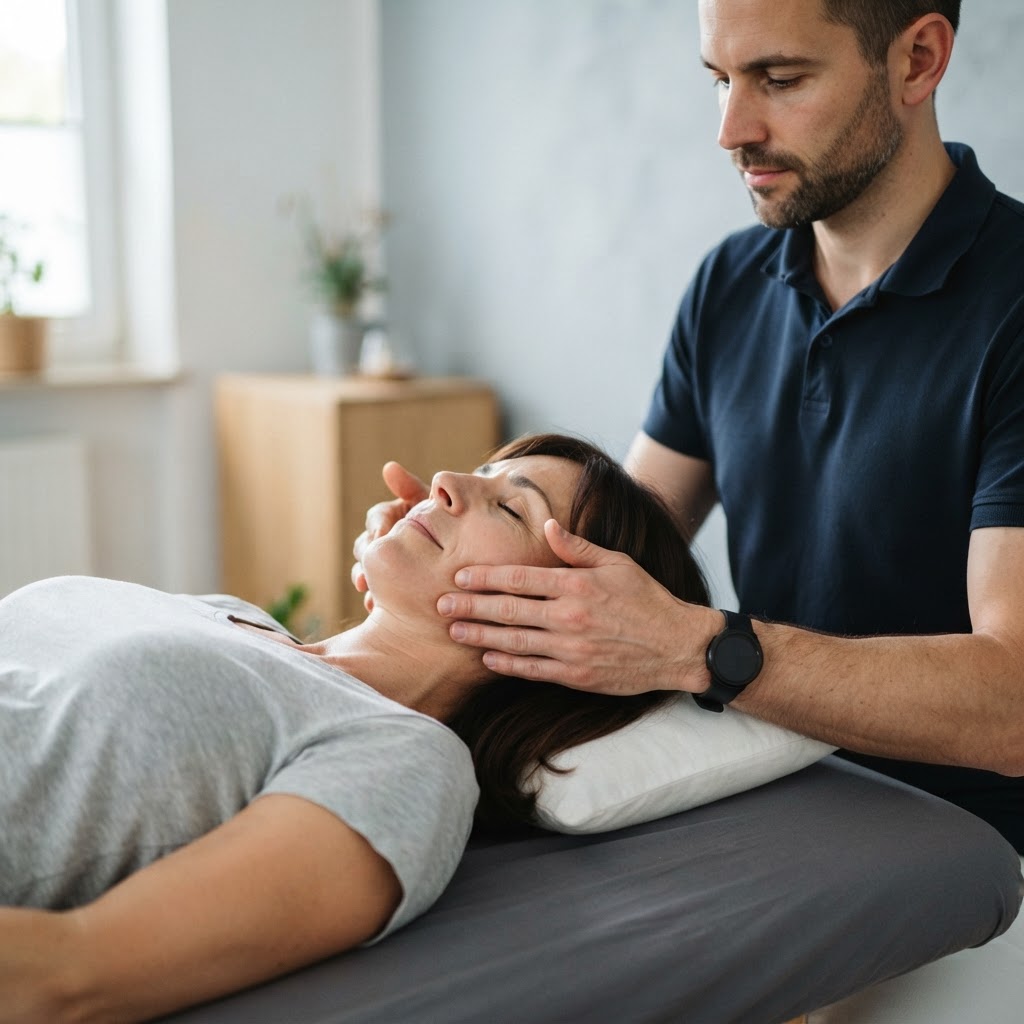 Der Physiotherapeut tastet mit beiden Händen die Kaumuskulatur einer liegenden Frau an den Wangen (Symbolbild)