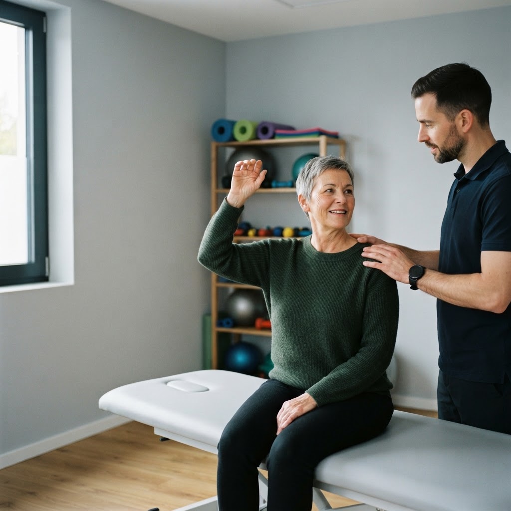 Ein Physiotherapeut prüft im hellen Behandlungsraum die Schulter einer Frau um die 60, die auf der Liege sitzt (Symbolbild)