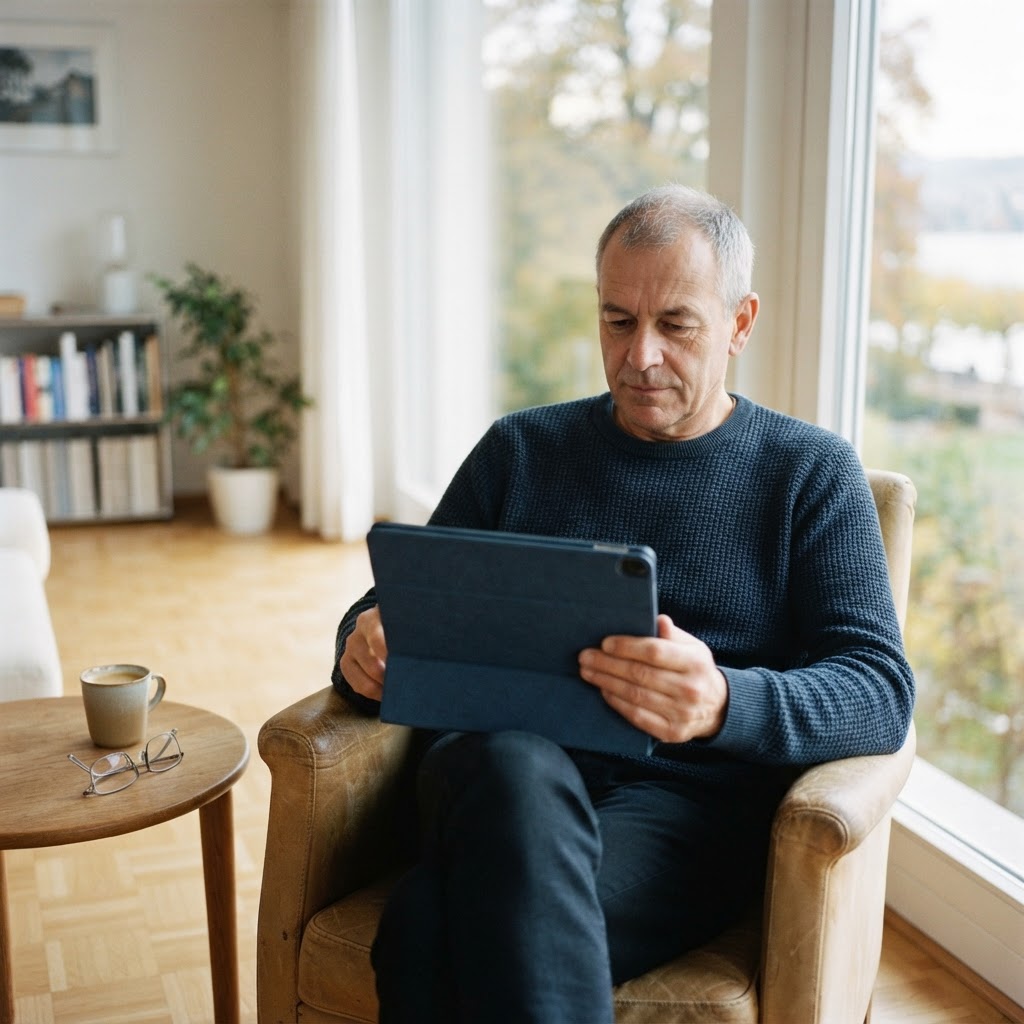 Ein Mann um die 60 liest am Morgen im Sessel am Fenster auf einem Tablet (Symbolbild)