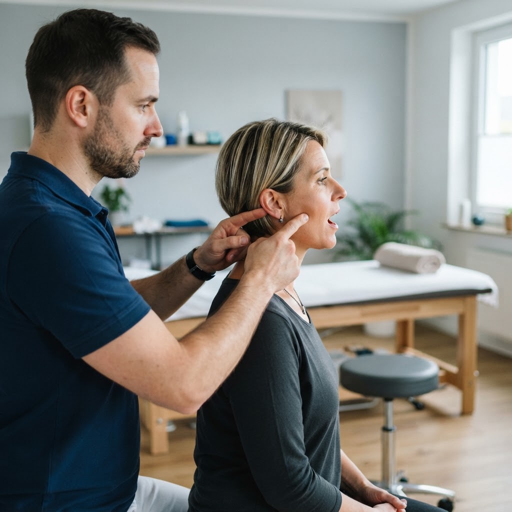 Der Physiotherapeut tastet bei einer sitzenden Frau das Kiefergelenk vor dem Ohr, während sie den Mund leicht öffnet (Symbolbild)