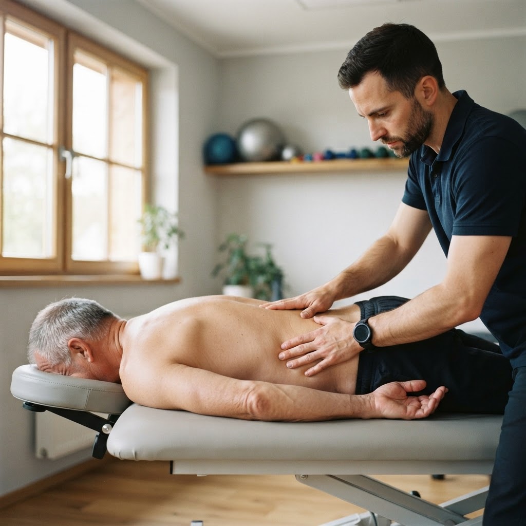 Der Physiotherapeut behandelt mit beiden Händen den unteren Rücken eines Mannes in Bauchlage (Symbolbild)