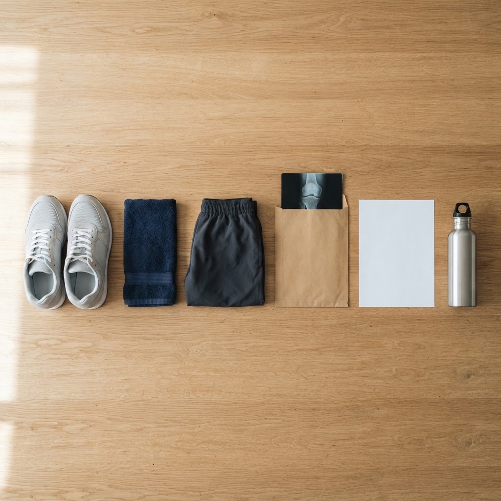 Von oben: Turnschuhe, Handtuch, Sporthose, ein Umschlag mit Röntgenbild, ein Blatt Papier und eine Trinkflasche auf einem Holztisch (Symbolbild)